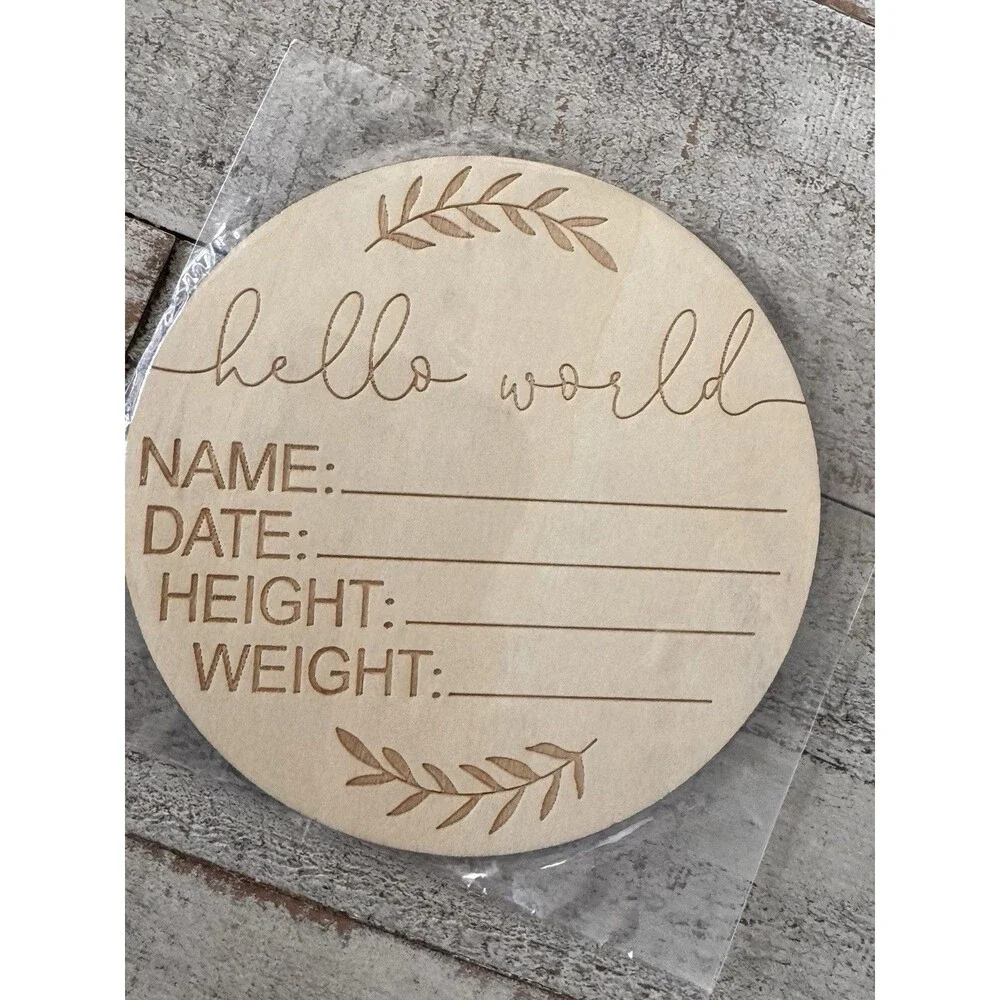 Beige Wooden Hello World Birth Announcement Card Set with Name, Date Fields